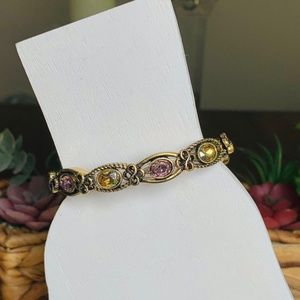 Aged Brass Pink and Yellow Topaz Colored Rhinestone Bracelet